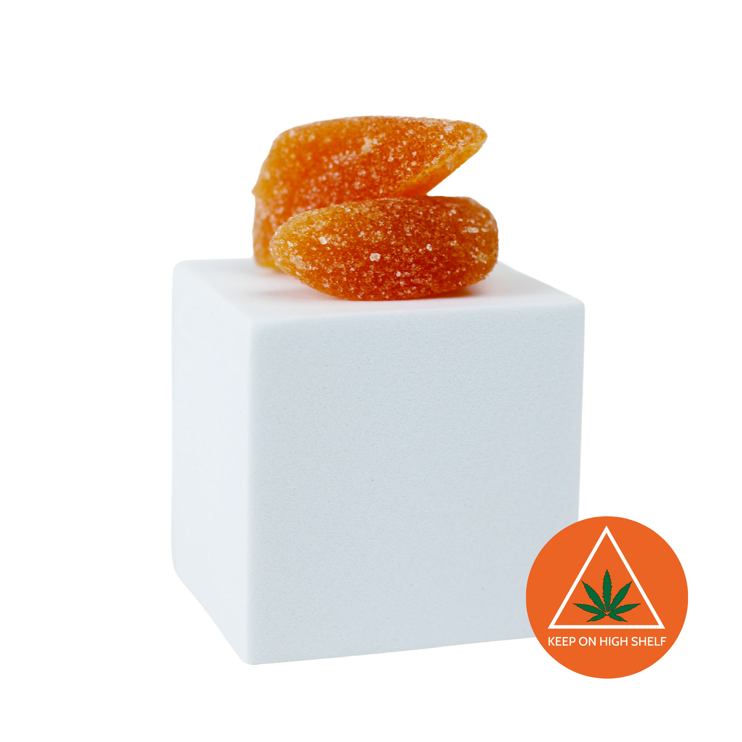 image of orange gummy wedges on white box